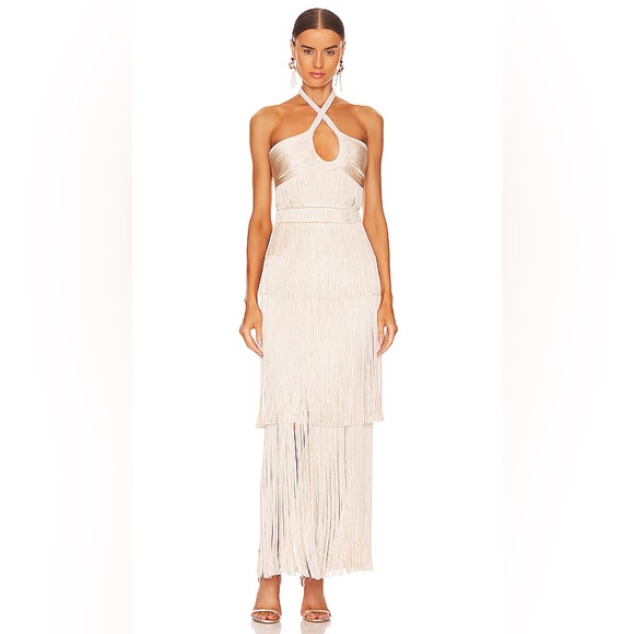 Baldwin Draped Fringe Halter Dress in Champagne - Picture 4 of 5